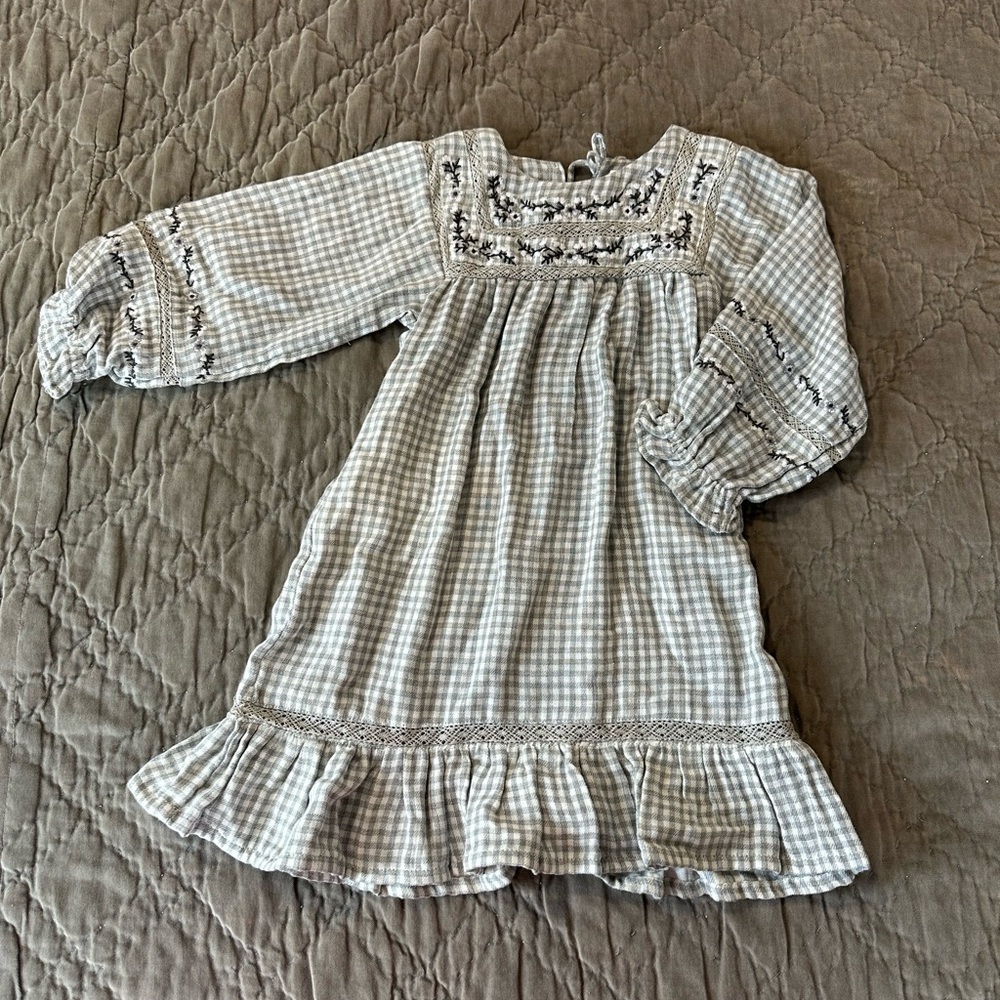 Girls Plaid Long Sleeve Flannel Prairie Dress with Embroidery